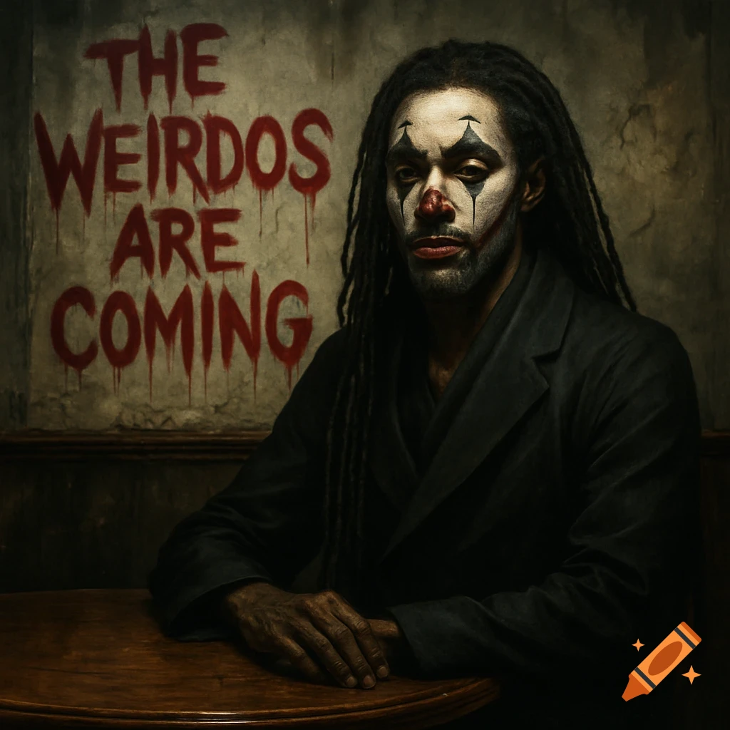A man with dreadlocks and clown makeup sits at a table, 'THE WEIRDOS ARE COMING' written on the wall.