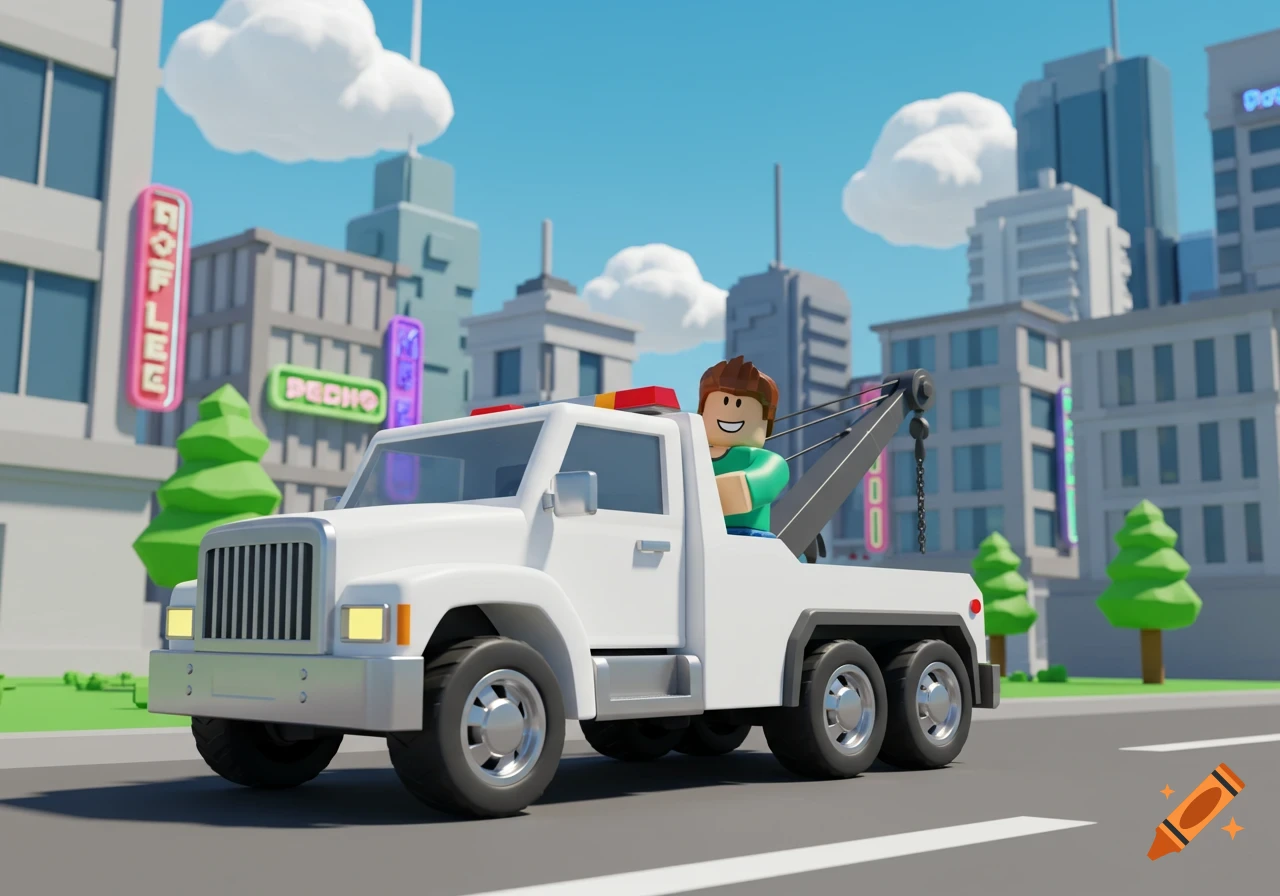 A smiling Roblox character drives a white tow truck through a blocky cartoon city.