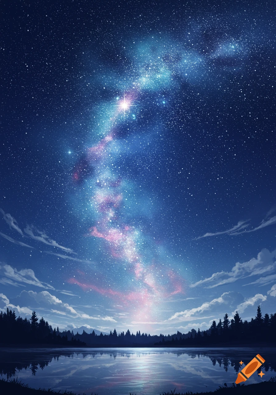 A vibrant Milky Way stretches across a night sky, reflected in a calm lake with silhouetted trees.