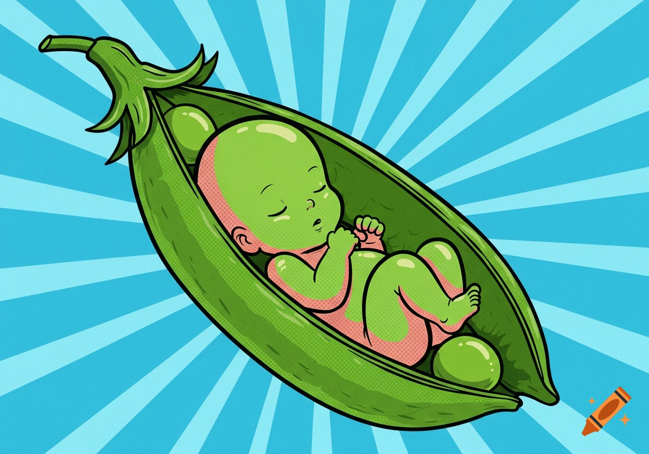 Pop art illustration of a sleeping green baby in a pea pod against a blue radial background.
