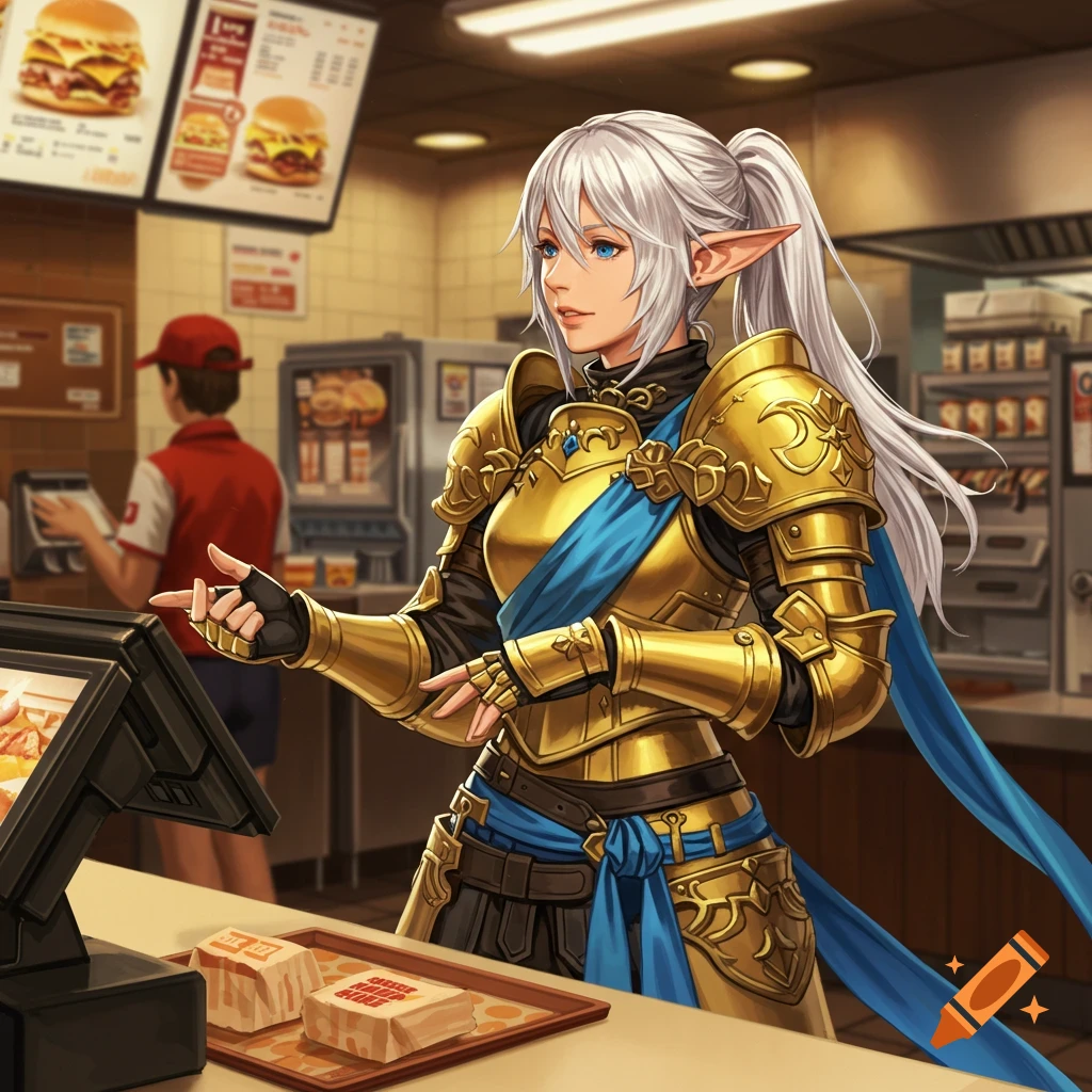 An anime-style fantasy character with long white hair and elf ears, wearing golden armor, stands behind a fast-food counter, pointing towards a menu display. In the background, another employee is visible.