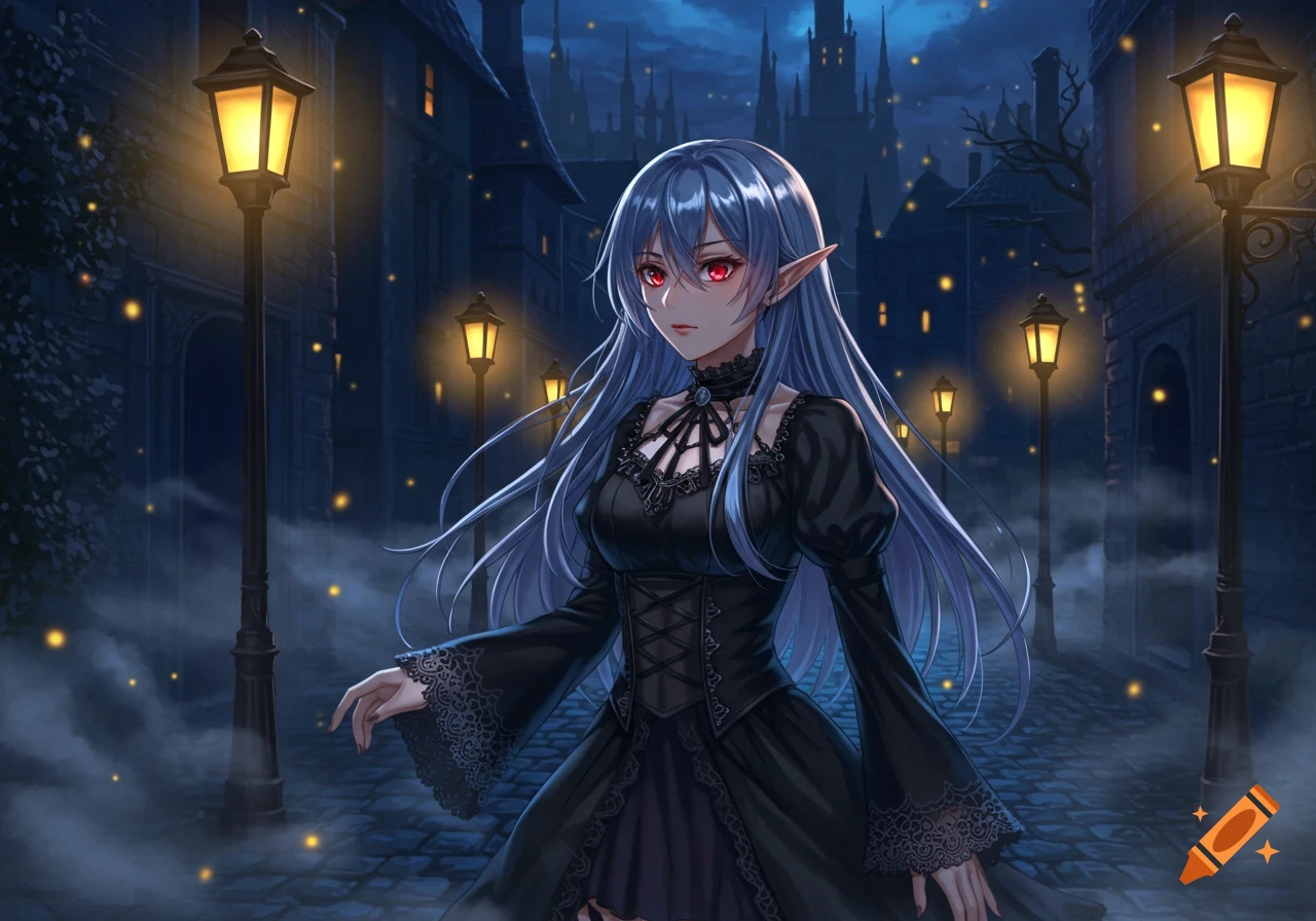 An anime vampire girl with long blue hair and red eyes wearing a black gothic dress stands in a dark, lamp-lit alley.