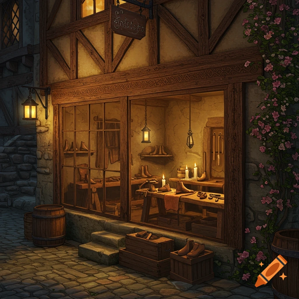 A quaint, dimly lit shoemaker's shop in a medieval or 1600s style building with cobblestones and flowering vines.