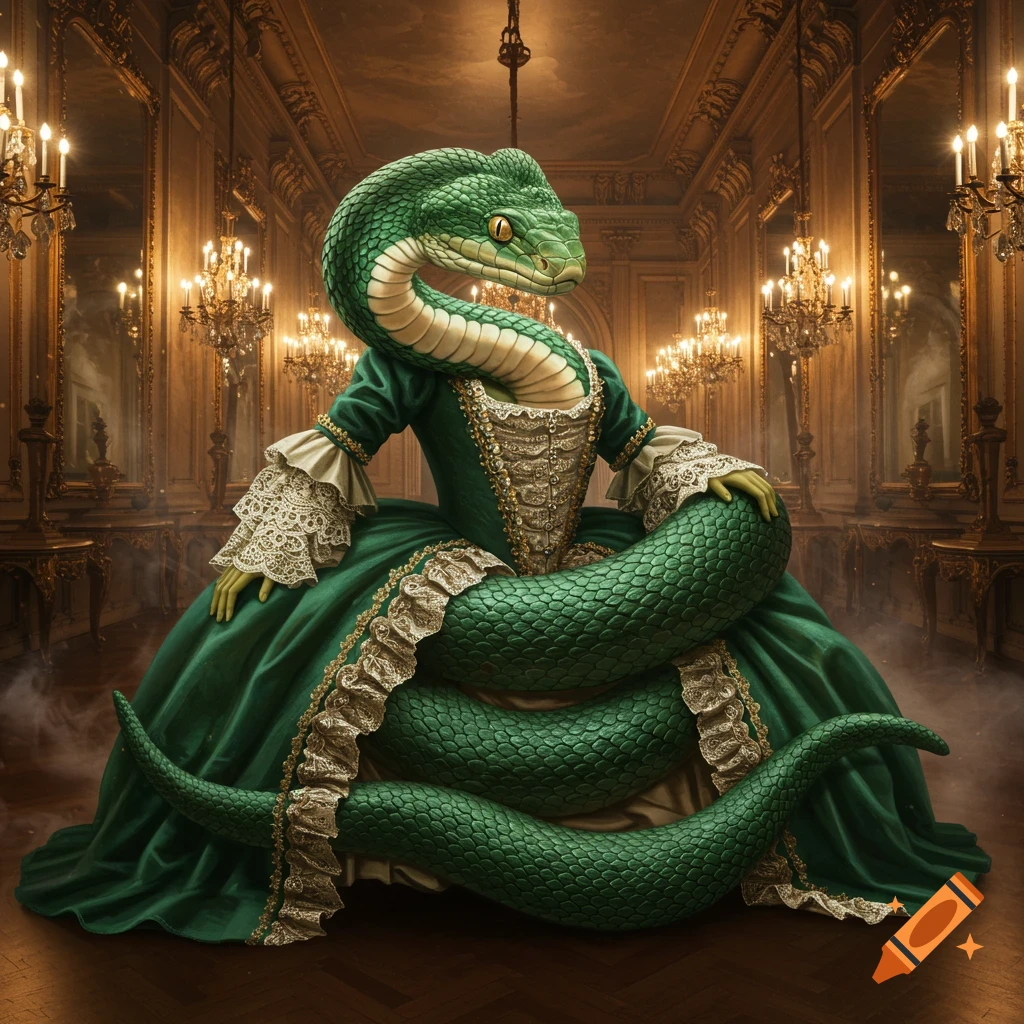 A large green snake wearing an elaborate emerald baroque gown sits in a grand ballroom.