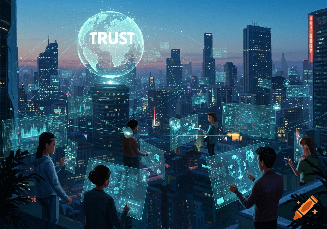 A futuristic cityscape at dusk with people interacting with glowing holographic displays and a large globe labeled 'TRUST' floating above the city.