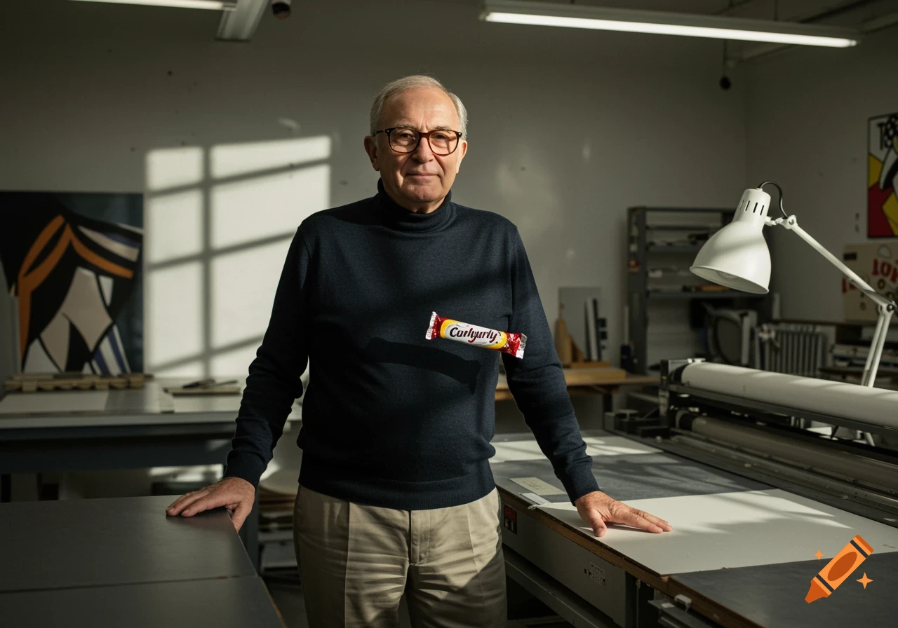 A man wearing glasses and a dark turtleneck stands in a bright art studio with a "Carlyurly" candy bar floating in front of his chest.