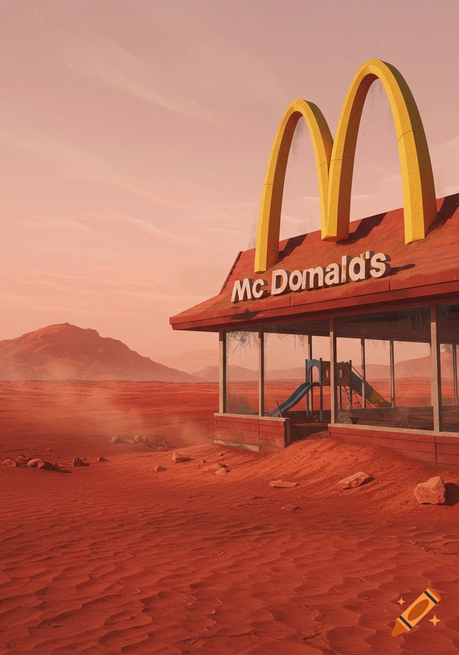 Photorealistic image of an abandoned McDonald's on a red, dusty Martian landscape with a playground visible inside.