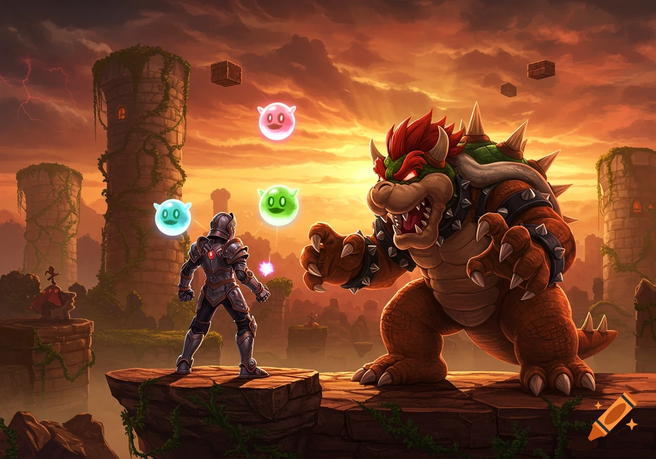 A knight stands before a giant, roaring Bowser-like creature on a cliff, with glowing Luma-like spirits and floating blocks against a fiery sky.
