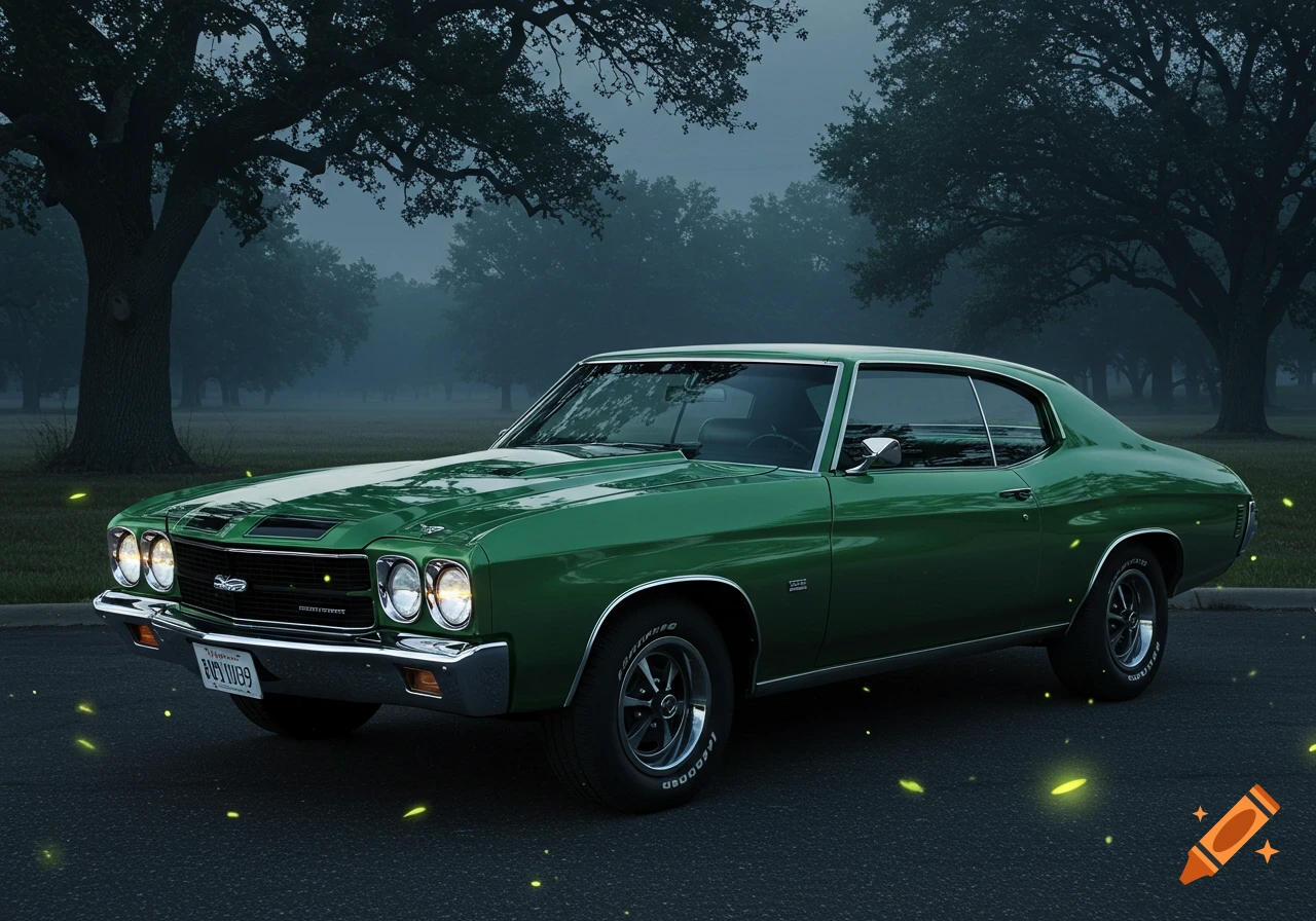 A green 1970 Chevelle classic car parked on an asphalt road in a misty, moonlit forest setting.