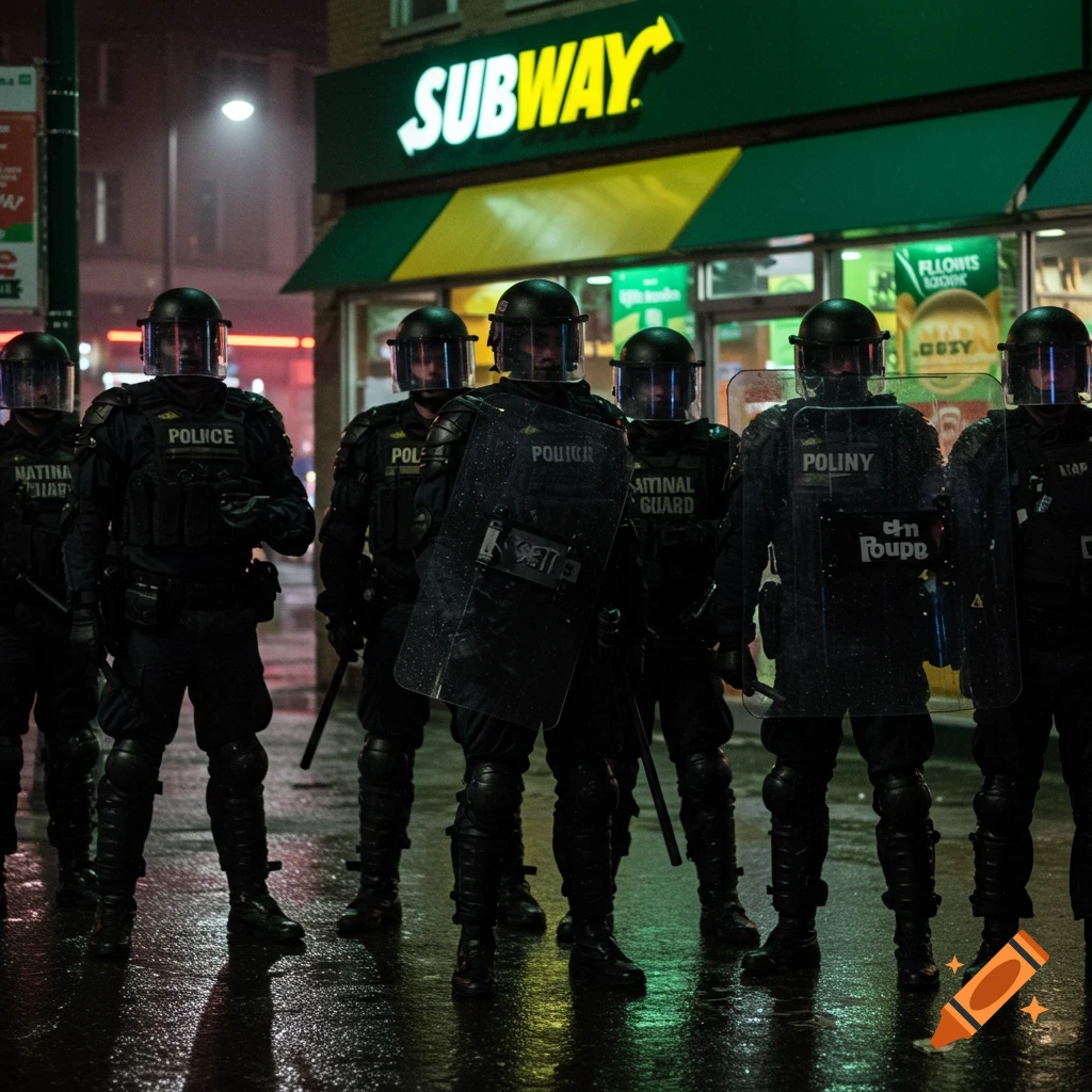 Photorealistic image of soldiers in black riot gear and helmets standing in front of a brightly lit Subway sandwich shop at night, with wet ground.