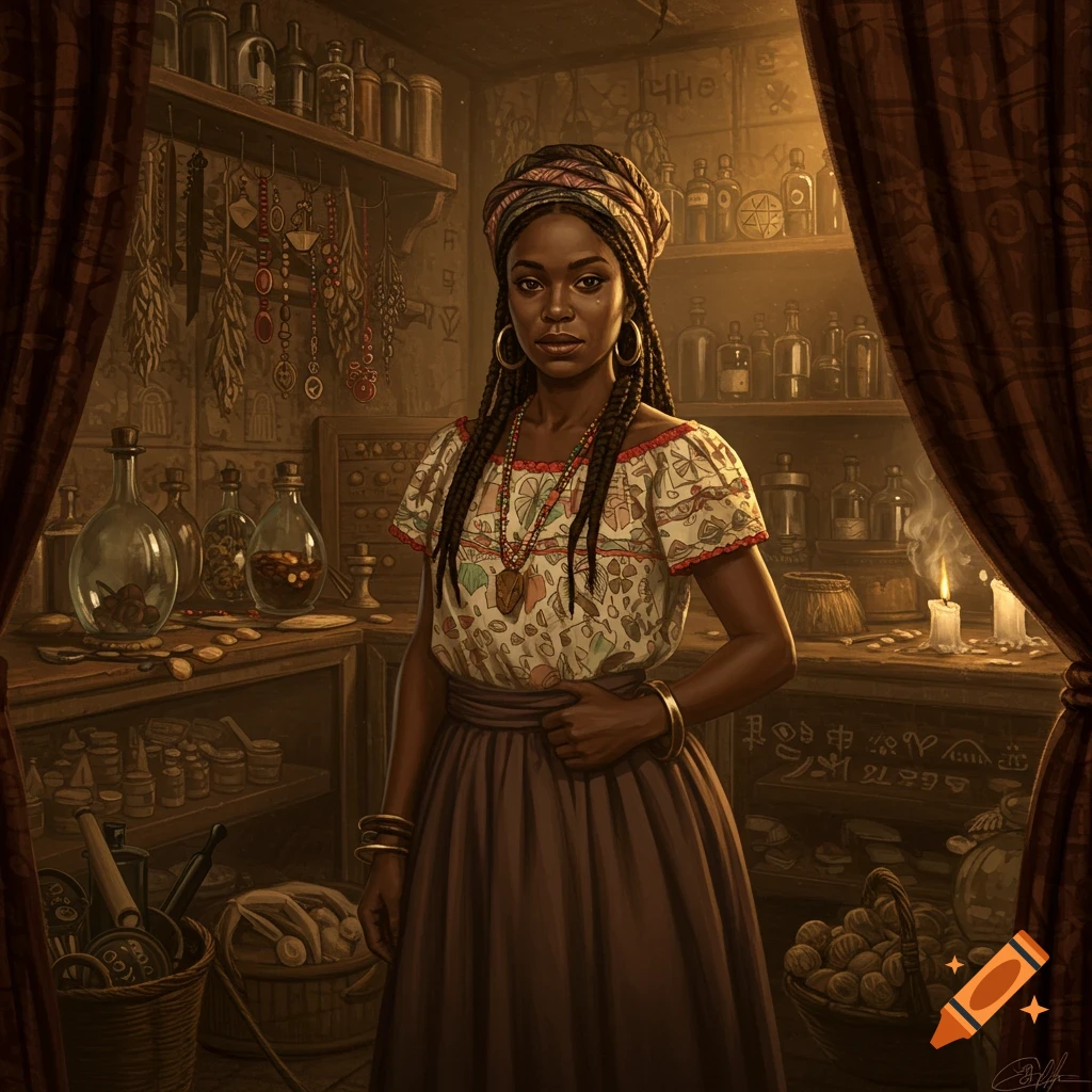 A dark-skinned woman with braids and a headwrap stands in an old, dimly lit apothecary shop filled with bottles, herbs, and mystical objects.
