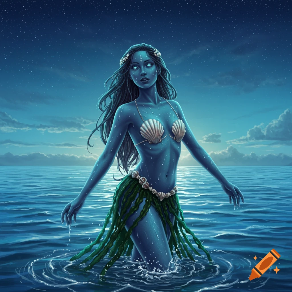 A blue-skinned woman in a seashell bra and seaweed skirt emerging from the ocean under a starry night sky, fantasy illustration.