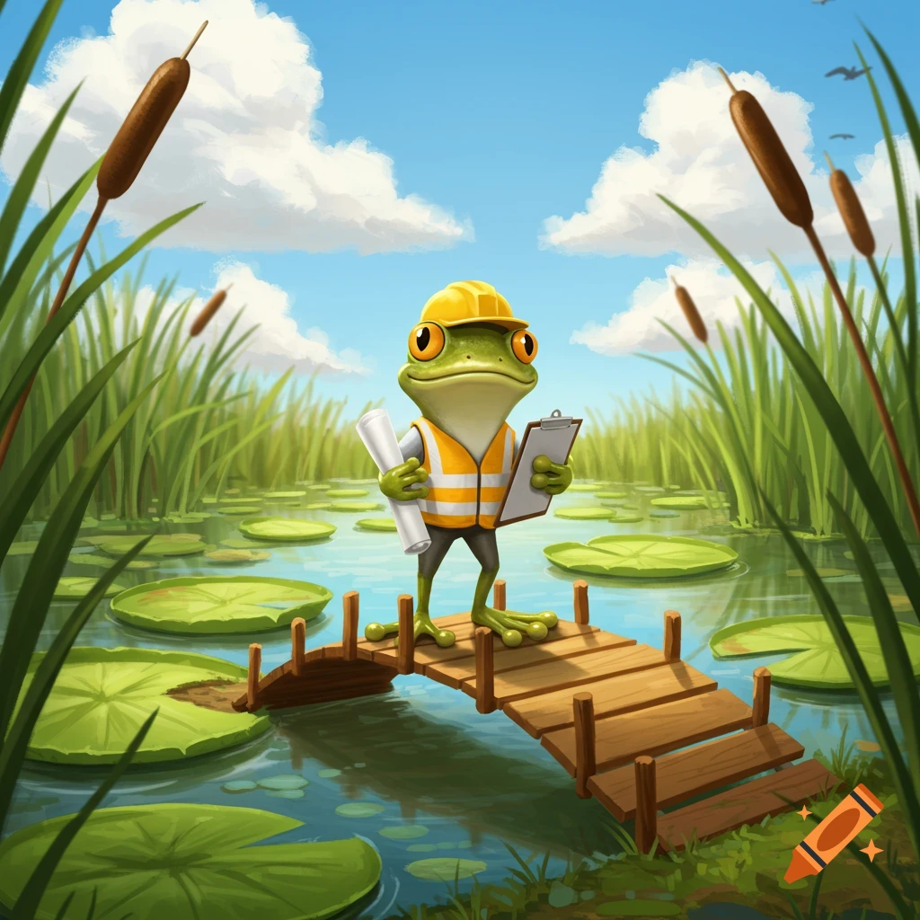 A cartoon frog wearing a yellow hard hat and safety vest stands on a wooden bridge in a pond, holding a blueprint and clipboard.