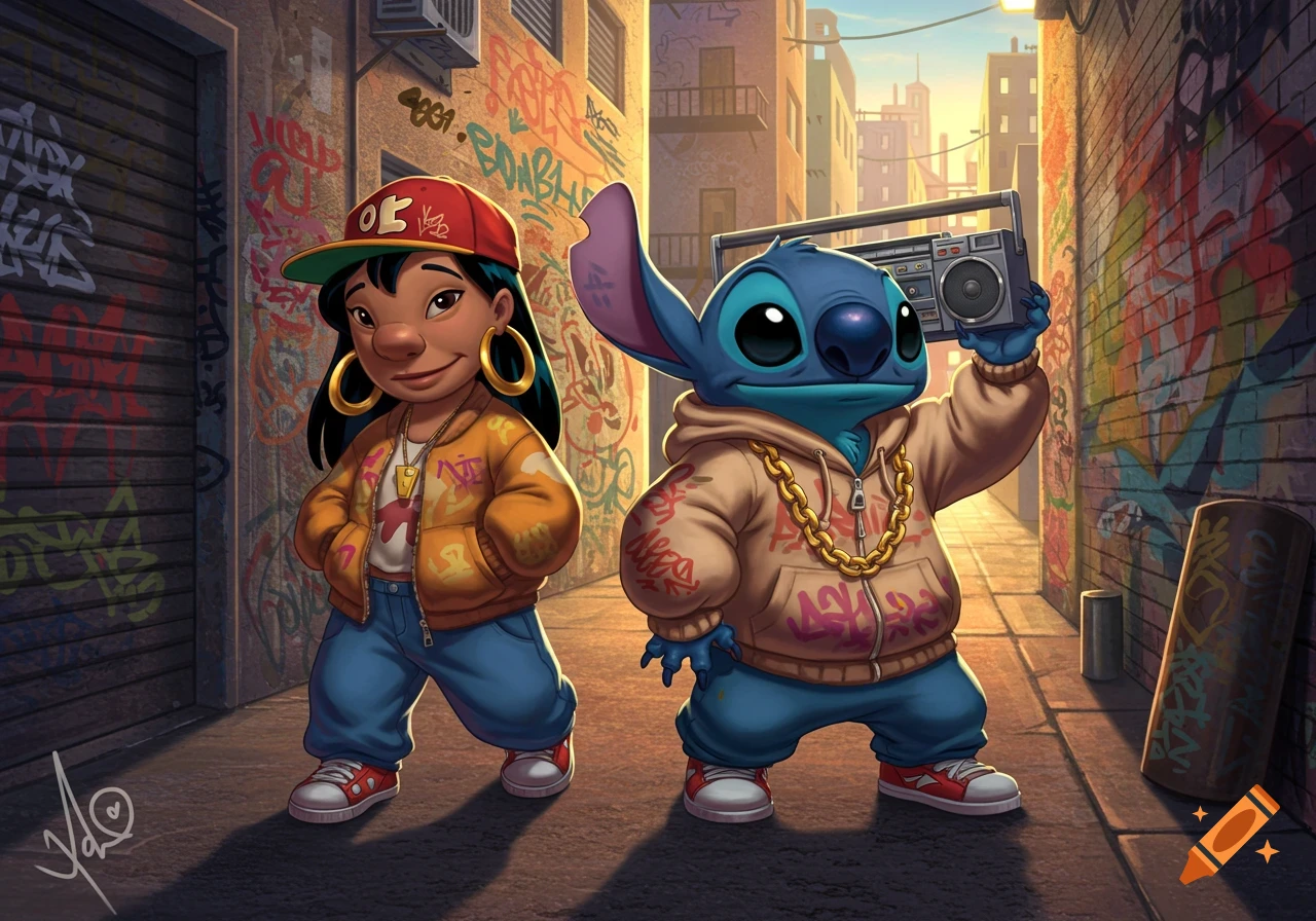 Lilo in a cap and bomber jacket and Stitch holding a boombox and wearing a gold chain, both dressed in hip-hop style in a graffiti alley.