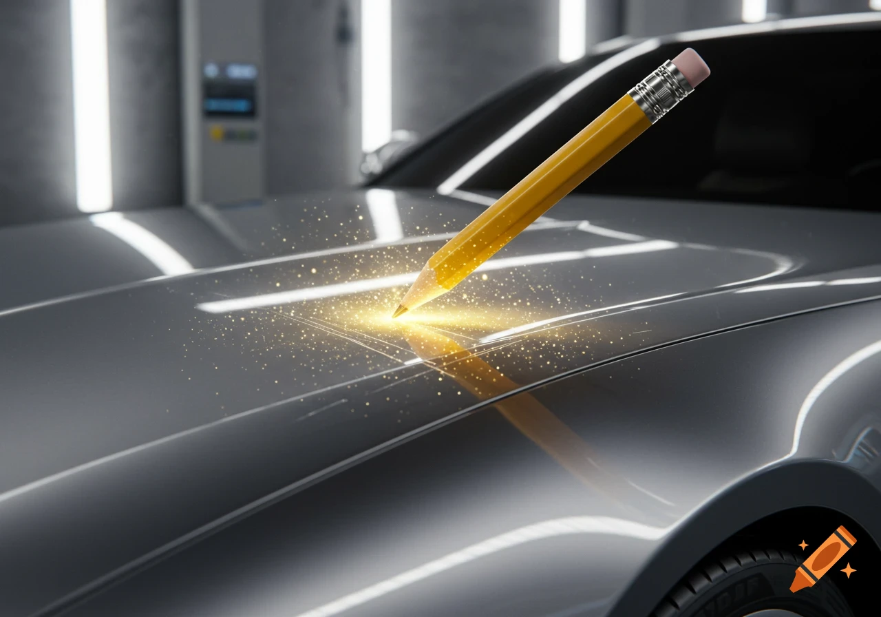 A photorealistic image of a yellow pencil with golden light and sparkles emanating from its tip as it touches the hood of a sleek, dark grey car.