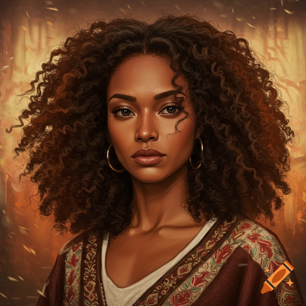 A digital painting of a woman with dark curly hair and medium brown skin, wearing hoop earrings and a patterned top.