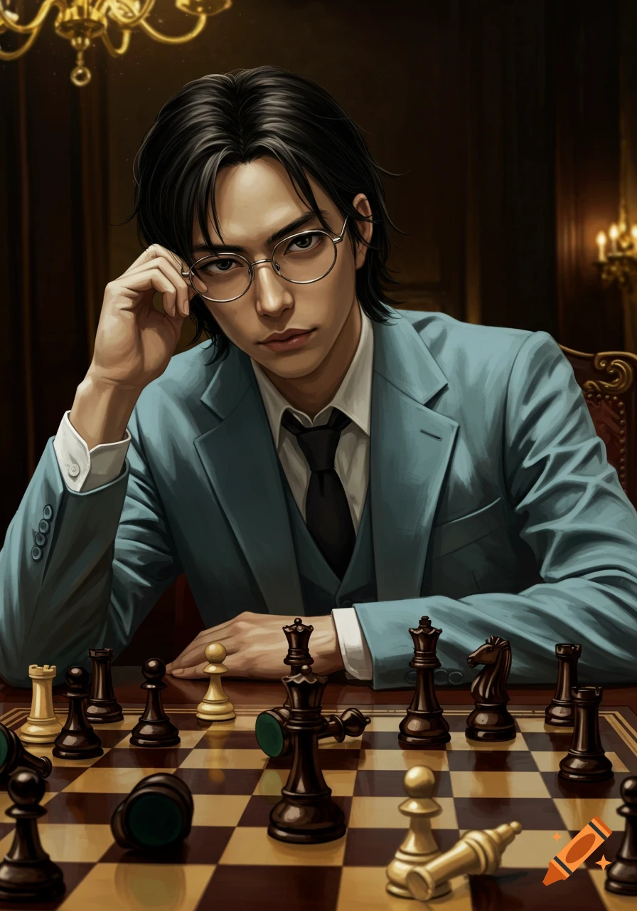 A serious-looking Japanese man with glasses and black hair, wearing a pale blue suit, sits at a chessboard with pieces scattered. Digital art.