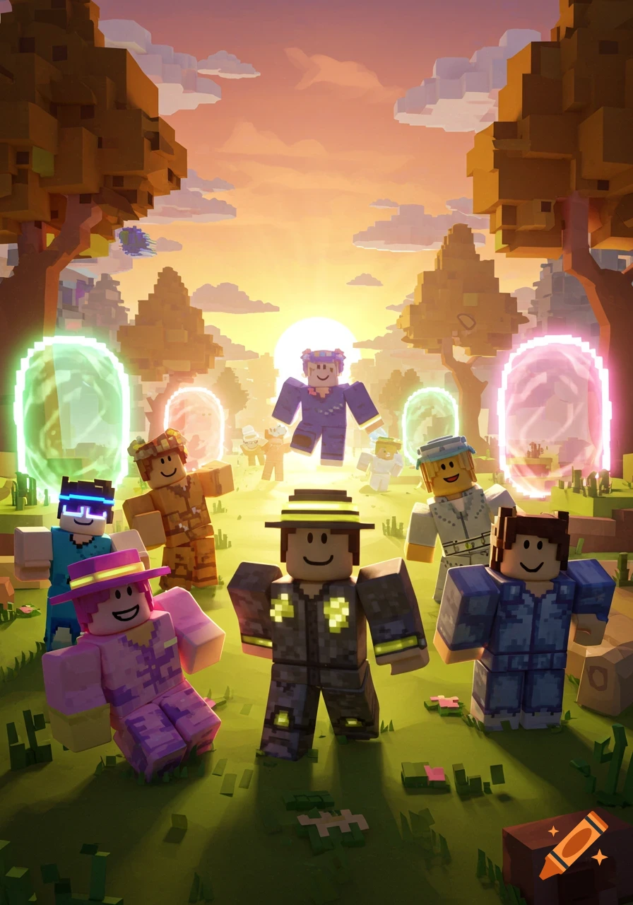 Group of diverse Roblox-style blocky characters standing in a sunny, blocky landscape with glowing portals.