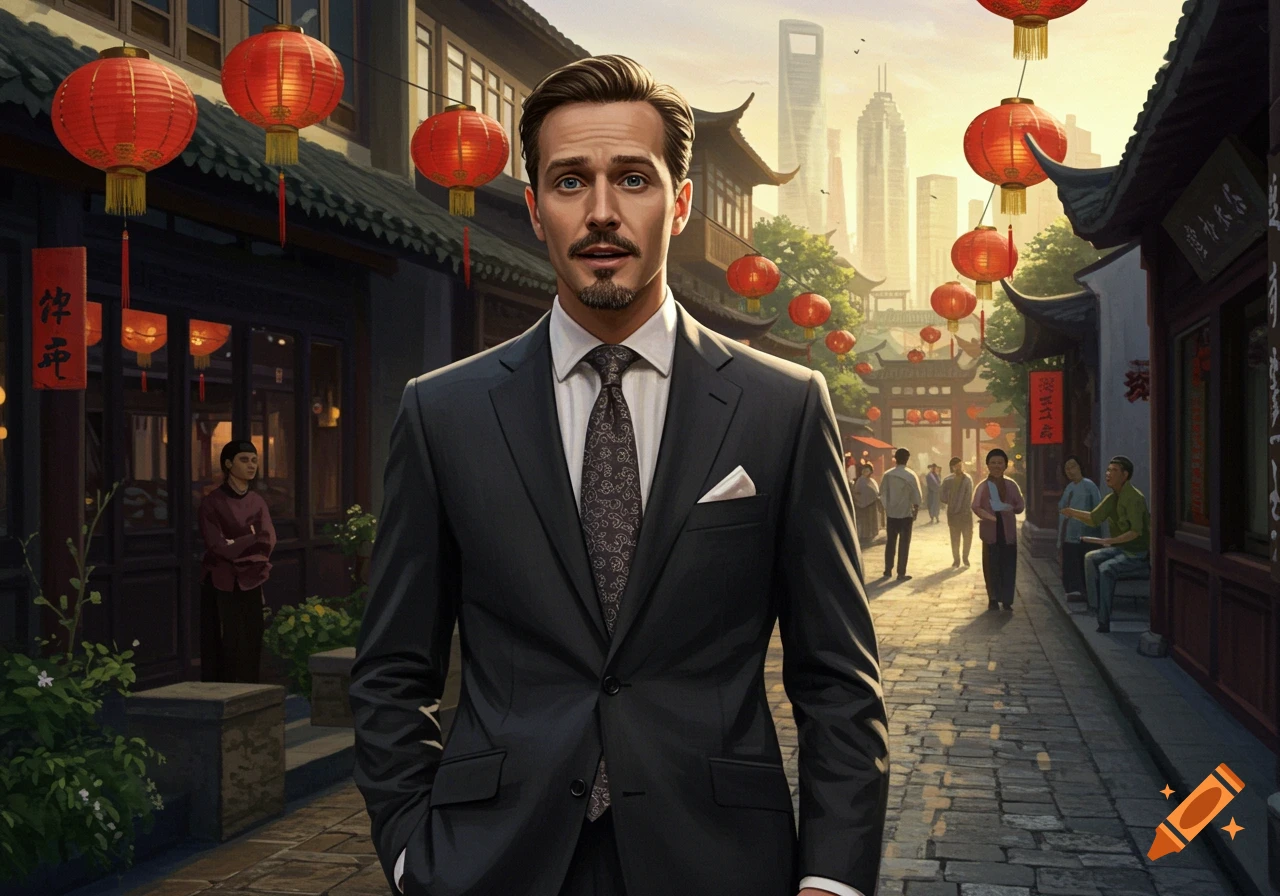 A man in a suit and tie stands on a traditional Chinese street with red lanterns and buildings, with modern skyscrapers in the background.