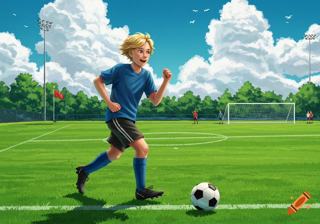 A blonde boy runs on a green soccer field next to a soccer ball, with a goal and other players in the background. Illustrated style.