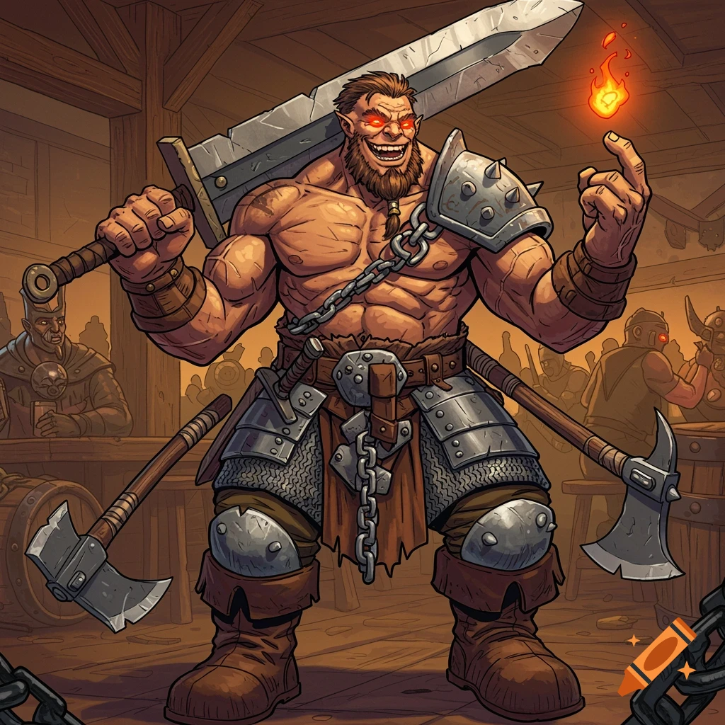A muscular, red-eyed Goliath fighter with a greatsword and axes, grinning while holding a tiny flame, in a fantasy tavern setting.