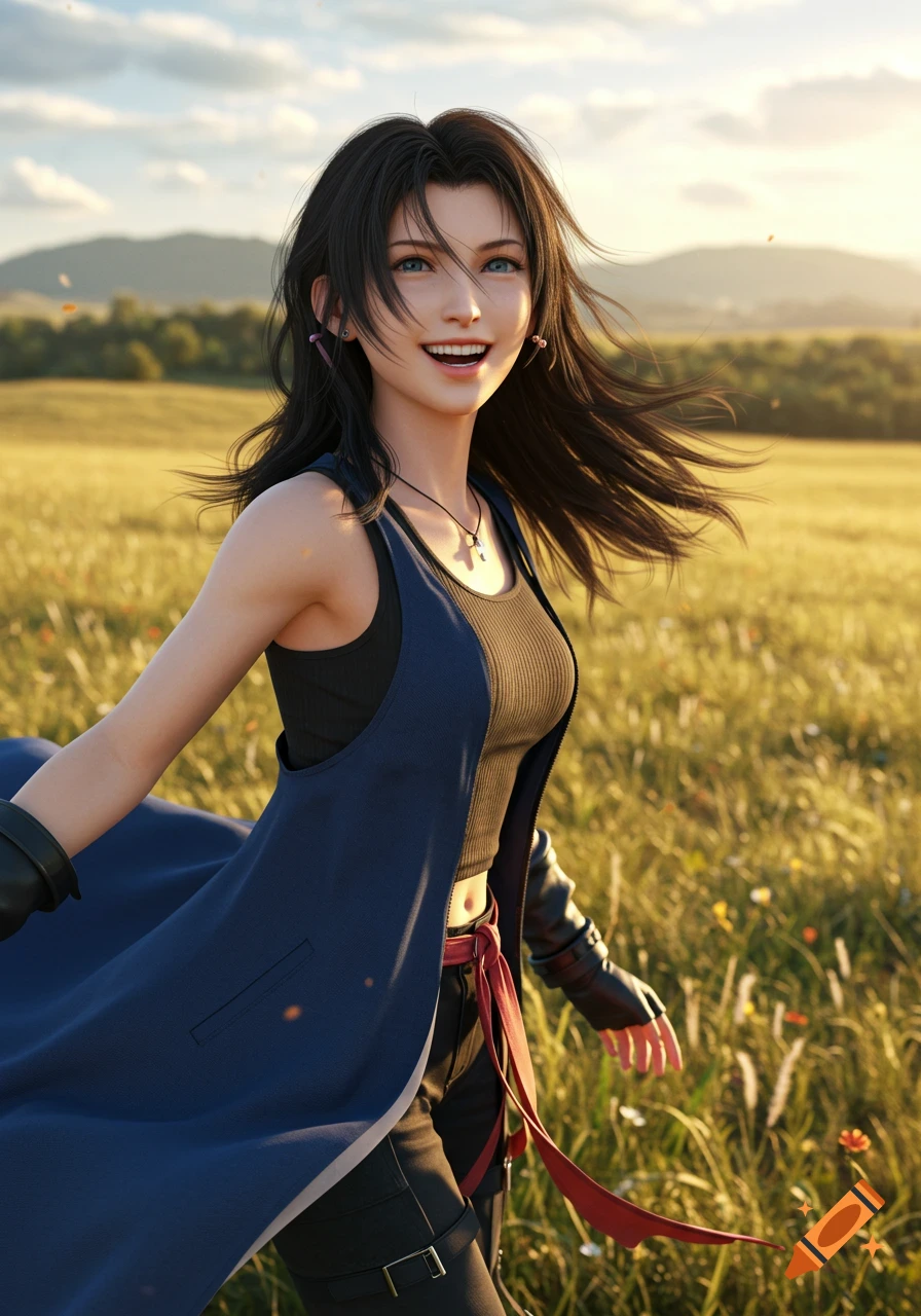 Photorealistic image of Rinoa from Final Fantasy VIII, smiling with wind-blown hair in a golden field.
