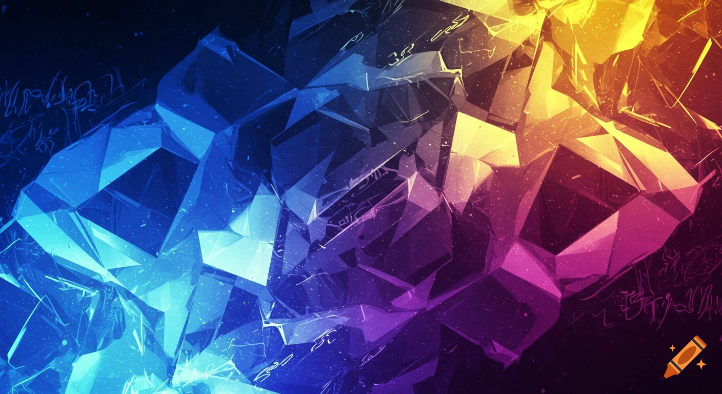 An abstract background of sharp, faceted geometric shapes in blue, purple, orange, and yellow with speckles of light.