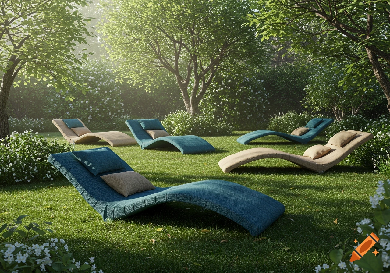 Photorealistic modern teal and beige loungers in a sunny green garden with trees and flowering bushes.