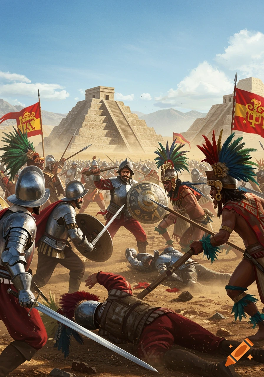 Spanish conquistadors battle indigenous warriors in a desert landscape with ancient pyramids.