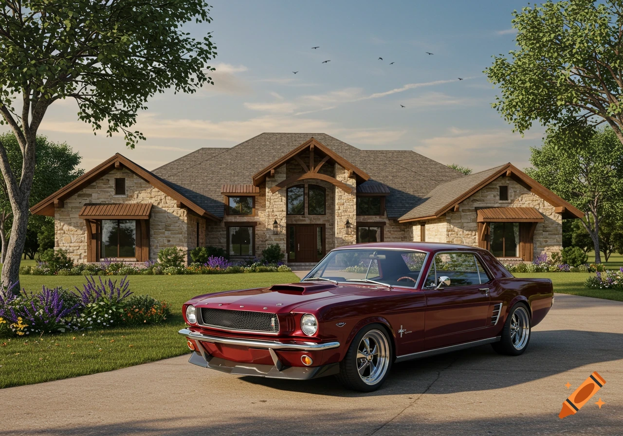 A dark candy red 1965 Mustang restomod is parked on the driveway in front of a large stone prairie-style house.