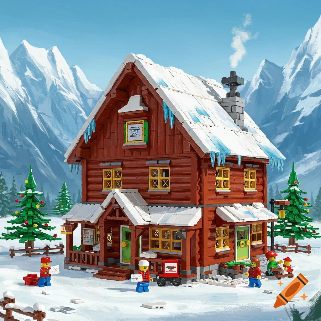 A detailed Lego brick-built alpine post office in a snowy mountain landscape, featuring Lego figures and pine trees.