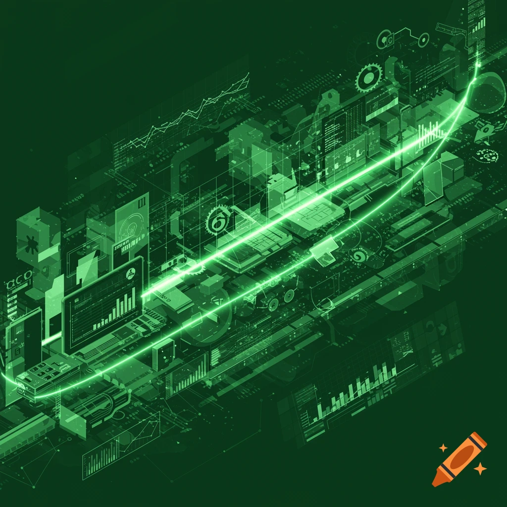 Abstract digital visualization of data flow, growth curves, and technological components in glowing green hues.