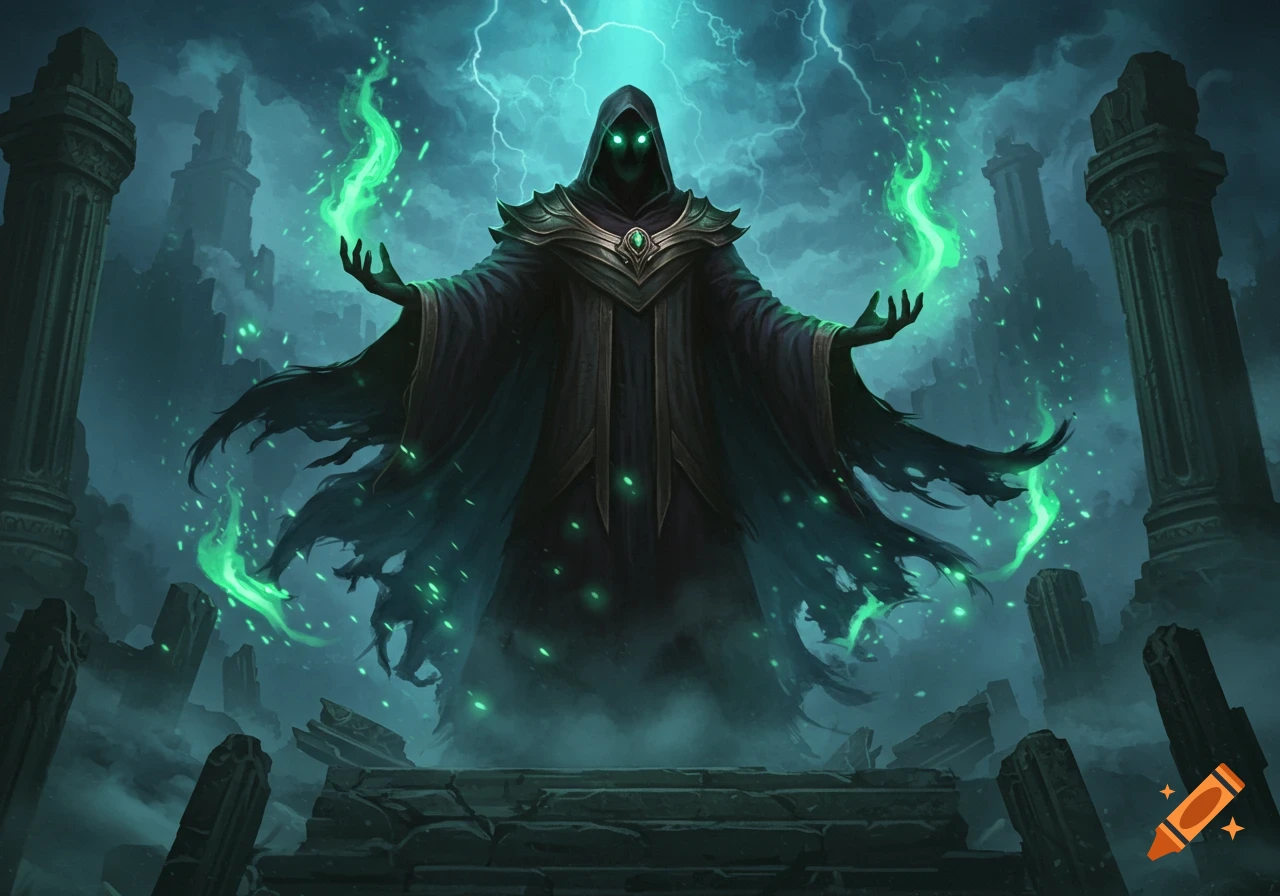 A dark cloaked figure with glowing green eyes and outstretched hands conjuring green flames, standing among ruins under a stormy, lightning-filled sky.