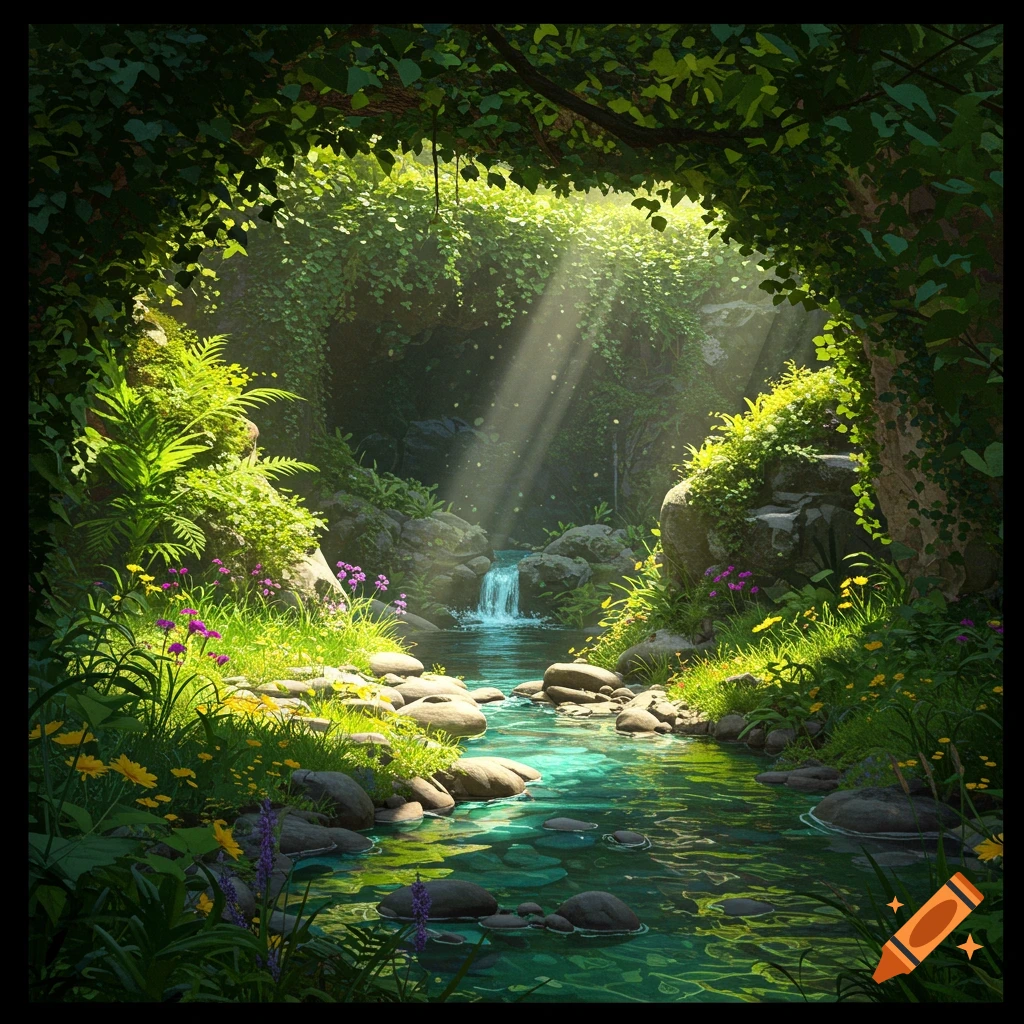 A vibrant, sunlit grotto with a small waterfall flowing into a clear stream, surrounded by lush green plants and rocks.