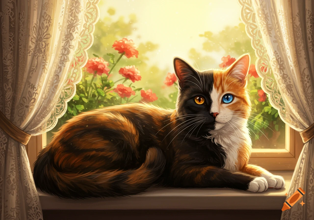 A chimera cat with a black and orange face and heterochromia lies on a sunlit windowsill with lace curtains and a garden visible outside.