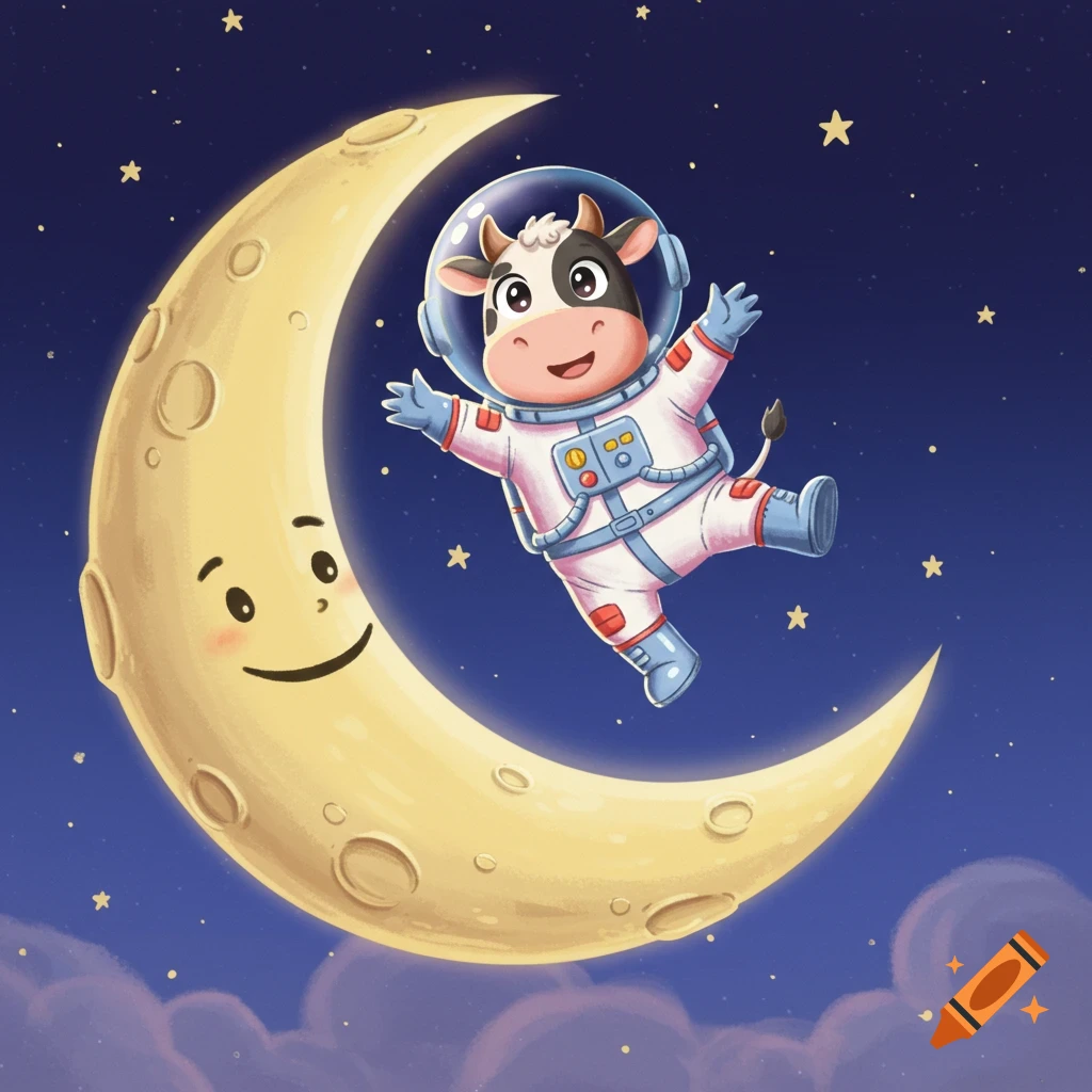 Cute cartoon cow in a white astronaut suit floating happily next to a smiling crescent moon in a starry night sky.