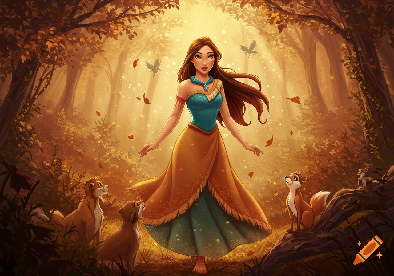 A vibrant illustration of a woman in a teal and gold dress standing in a sunlit autumnal forest with various animals.