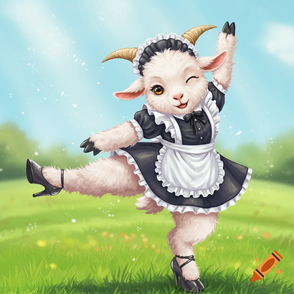 A cute, fluffy goat in a black and white maid costume and high heels winks while dancing in a green field.