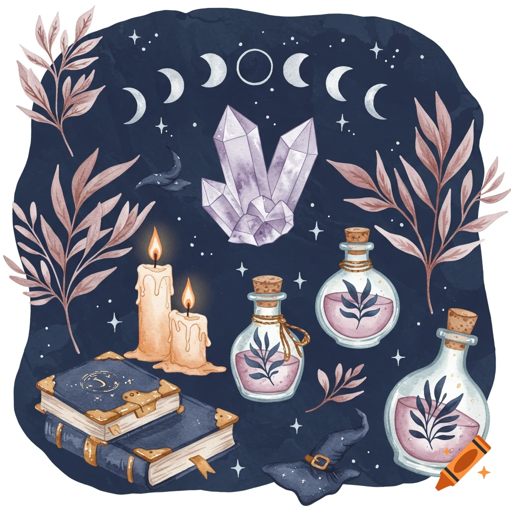 Watercolor illustration of witchy items including moon phases, purple crystals, lit candles, spell books, potion bottles, and botanical leaves.