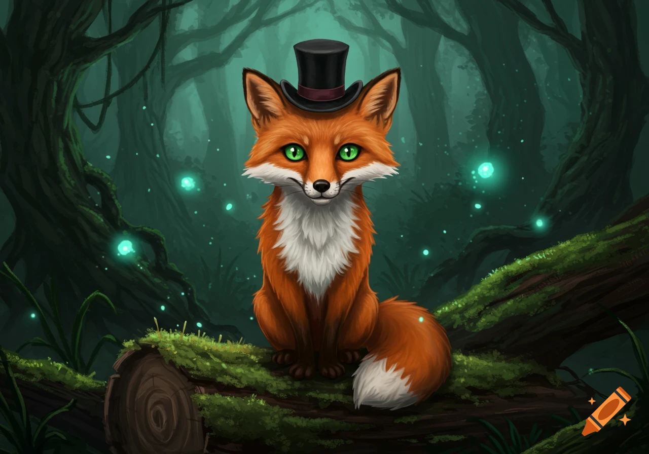 A cute fox with bright green eyes and a black top hat sits on a mossy log in a dark, magical forest with glowing orbs.