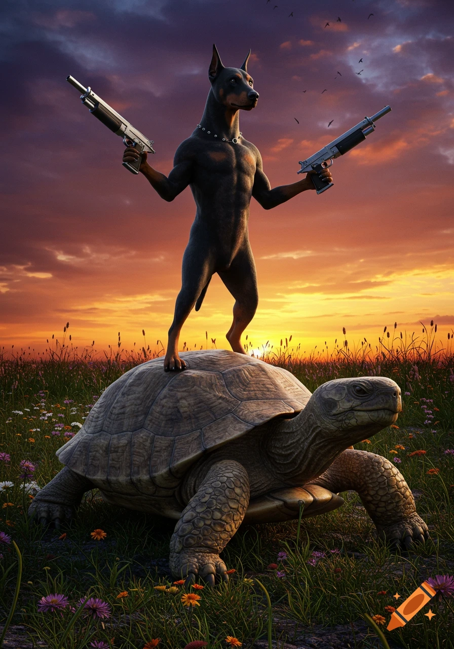 A muscular doberman humanoid holding two guns stands atop a giant turtle in a field at sunset.