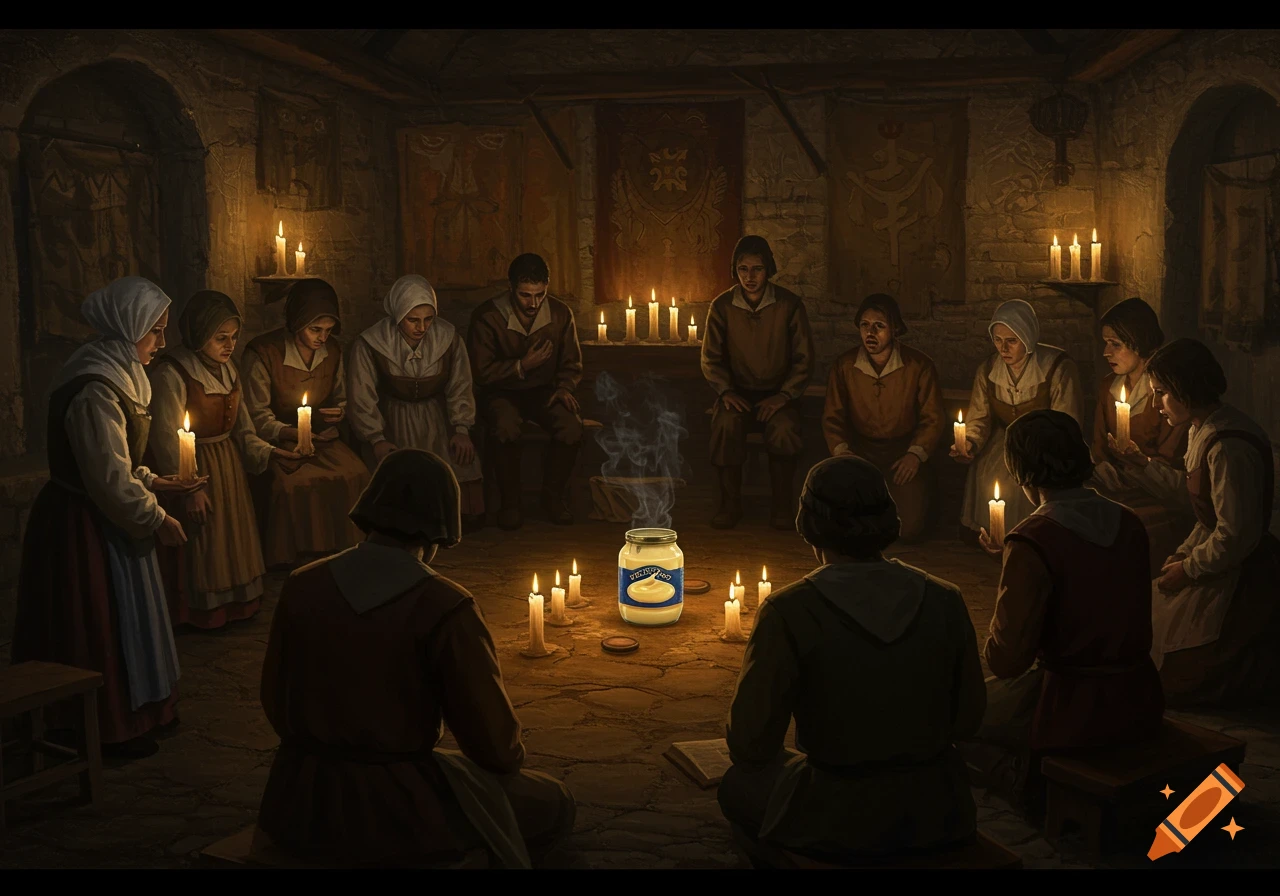 A group of people in historical attire gathered in a dark, candlelit room, worshipping a jar of mayonnaise.