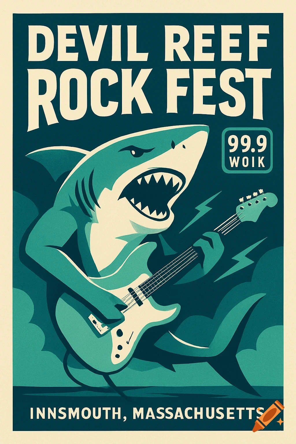 A stylized concert poster for "Devil Reef Rock Fest" featuring a teal and cream shark playing a white electric guitar, with lightning bolts. The poster has a dark blue background and a cream border.