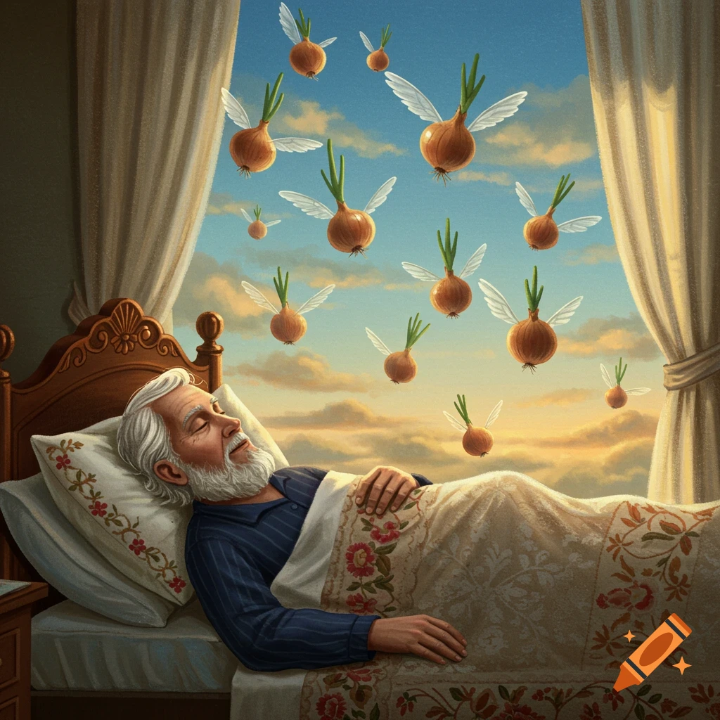 An old man sleeps peacefully in bed as winged onions fly outside his window under a cloudy sky, in a surreal style.