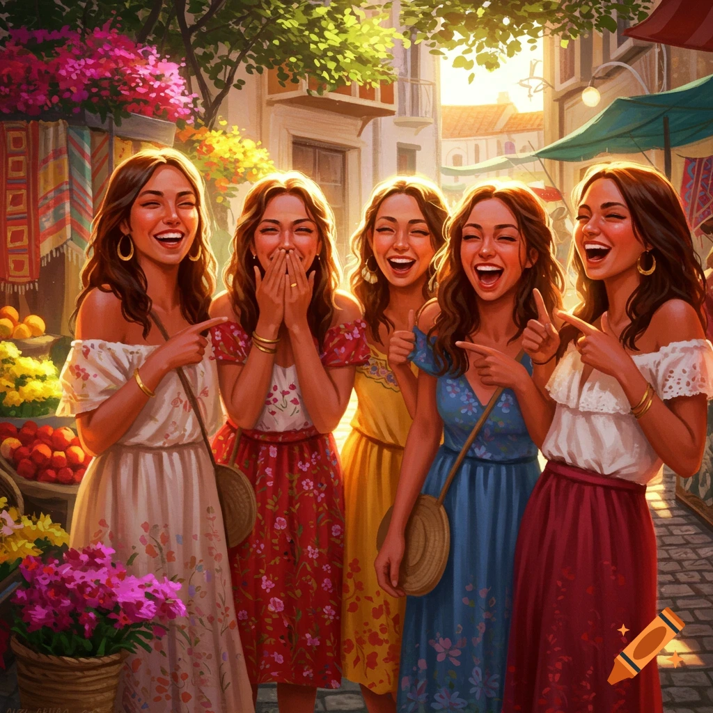 Five laughing women in colorful dresses in a vibrant market street.