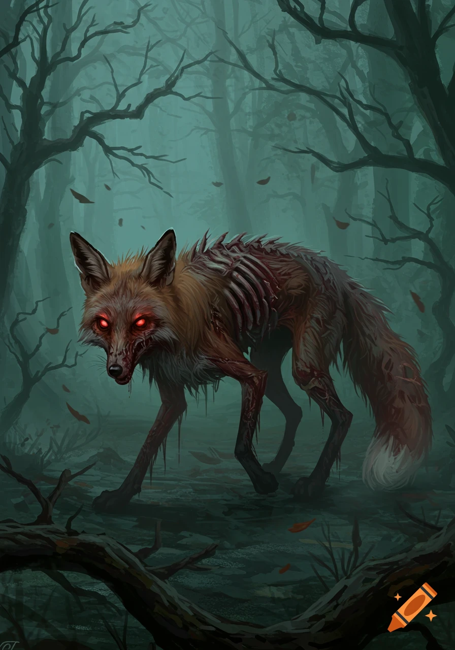 A decaying zombie fox with glowing red eyes stands in a dark, misty forest with skeletal trees in a stylized horror art style.
