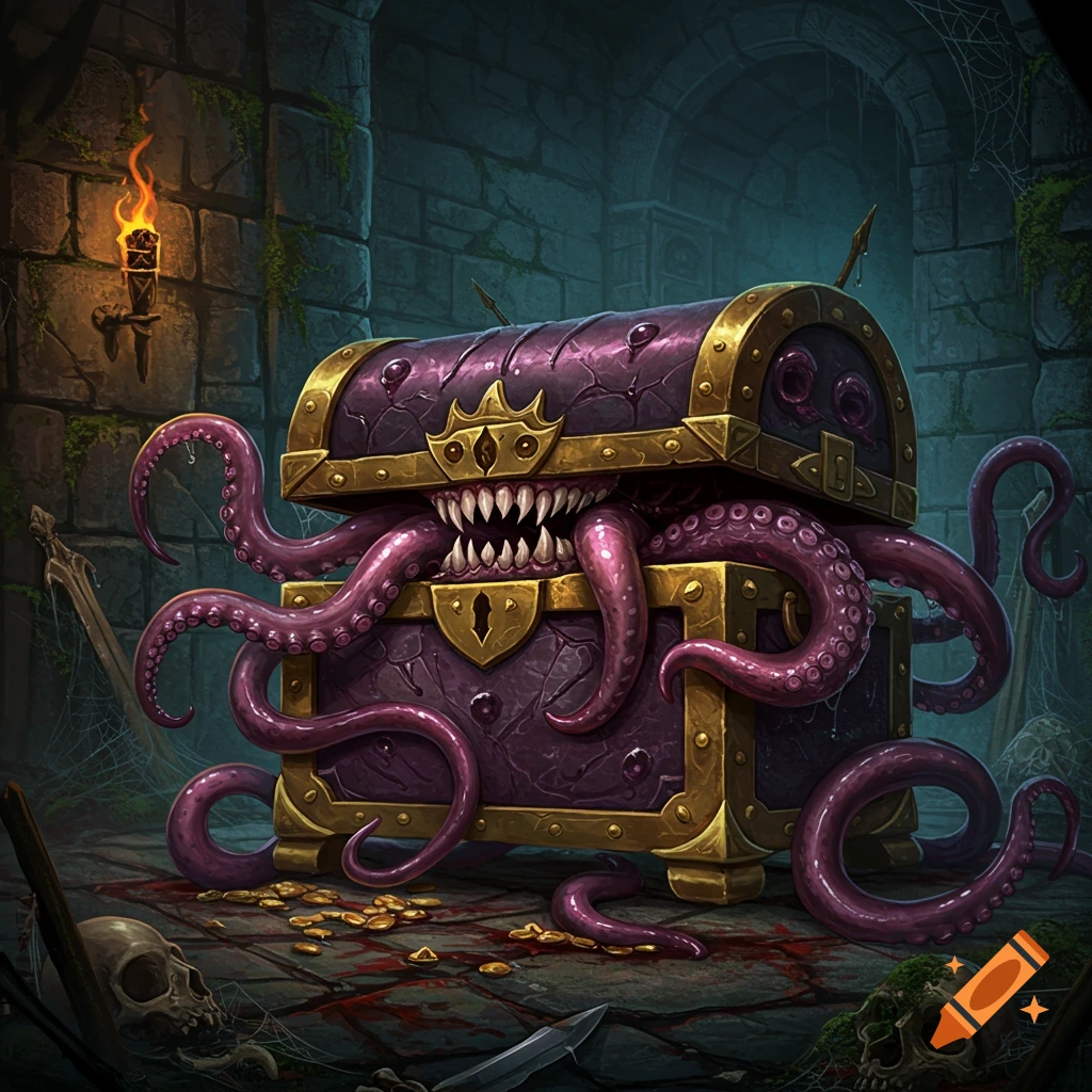 A purple fantasy monster chest with sharp teeth and tentacles sits in a dark, bloody dungeon with skulls and gold coins.