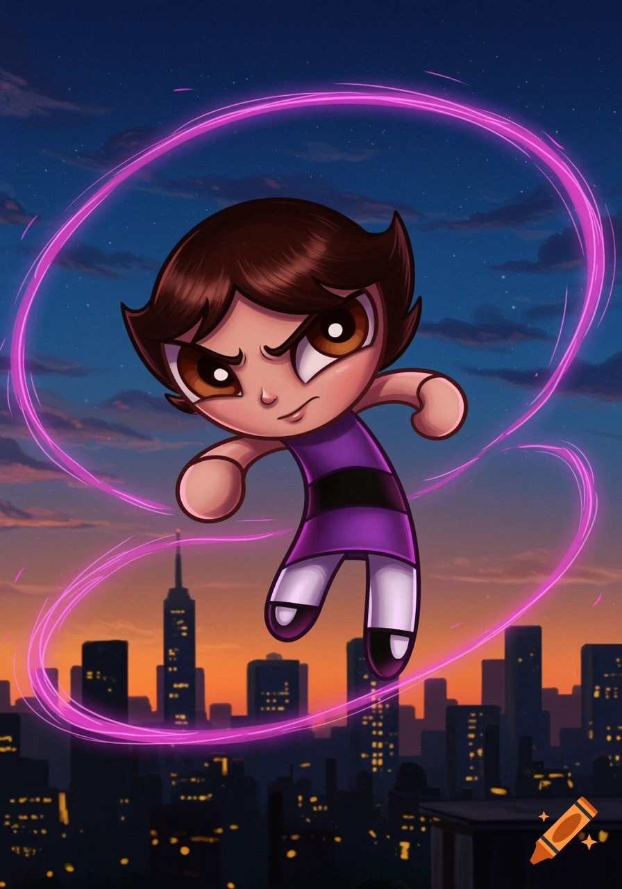 A brown-haired Powerpuff Girl in purple flies with pink energy over a city at sunset.