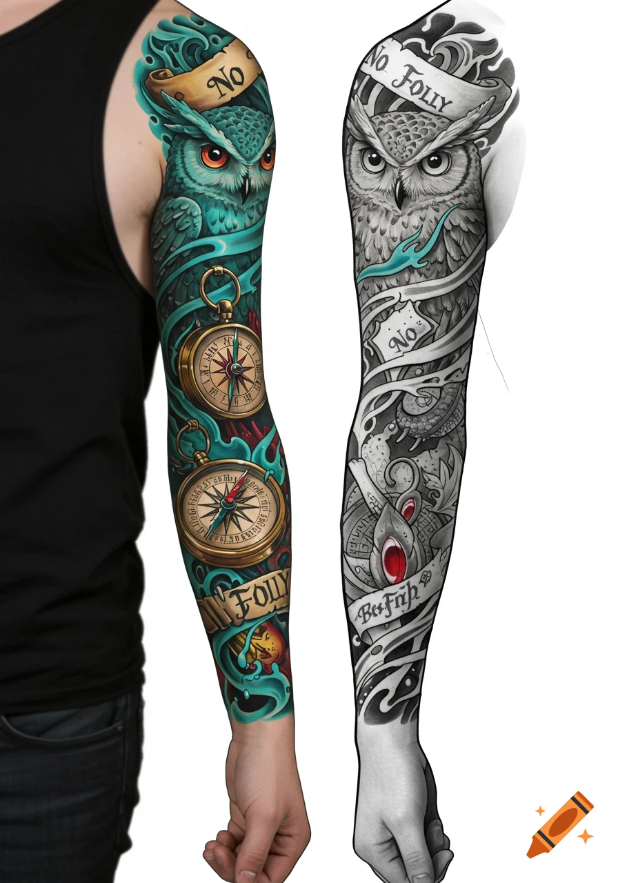 Full color and black and white tattoo sleeves featuring owls, compasses, and banners with text.