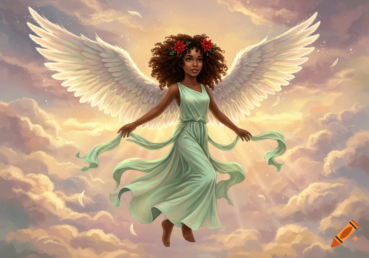 An African American angel with white wings, wearing a light green gown and poinsettia garland, floats in a cloudy, light-filled sky. Digital art.